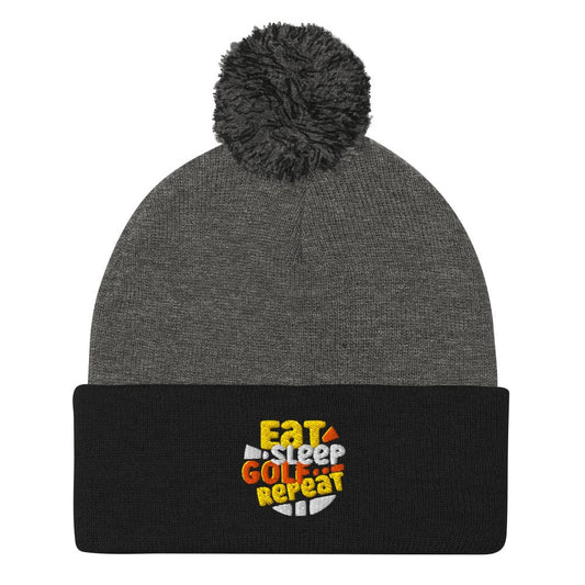 Eat Sleep Golf Repeat Fun Embroidered Golf Pom-Pom Beanie - Funny Golf Tee by Swing Epic