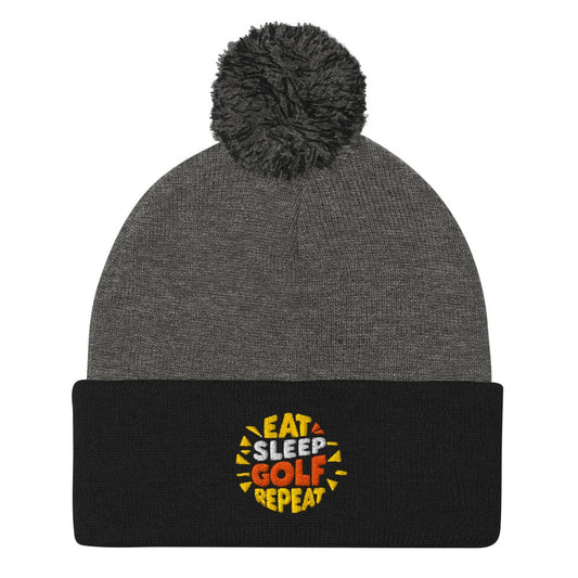 Eat Sleep Golf Repeat Fun Embroidered Golf Pom-Pom Beanie - Funny Golf Tee by Swing Epic