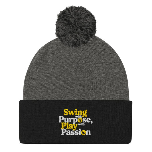 Swing with Purpose Play with Passion Embroidered Golf Pom-Pom Beanie - Funny Golf Tee by Swing Epic