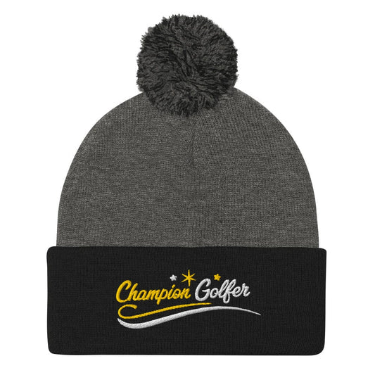 Champion Golfer Fun Star Design Embroidered Golf Pom-Pom Beanie - Funny Golf Tee by Swing Epic