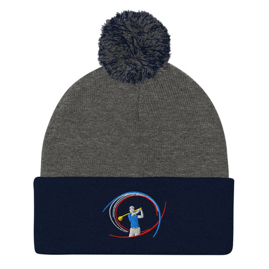 Swinging Silhouette Embroidered Golf Pom-Pom Beanie - Funny Golf Tee by Swing Epic