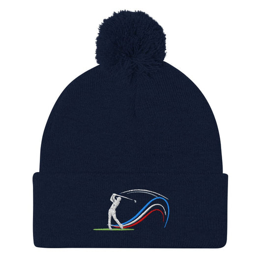 Swing Into Action Dynamic Design Embroidered Golf Pom-Pom Beanie - Funny Golf Tee by Swing Epic