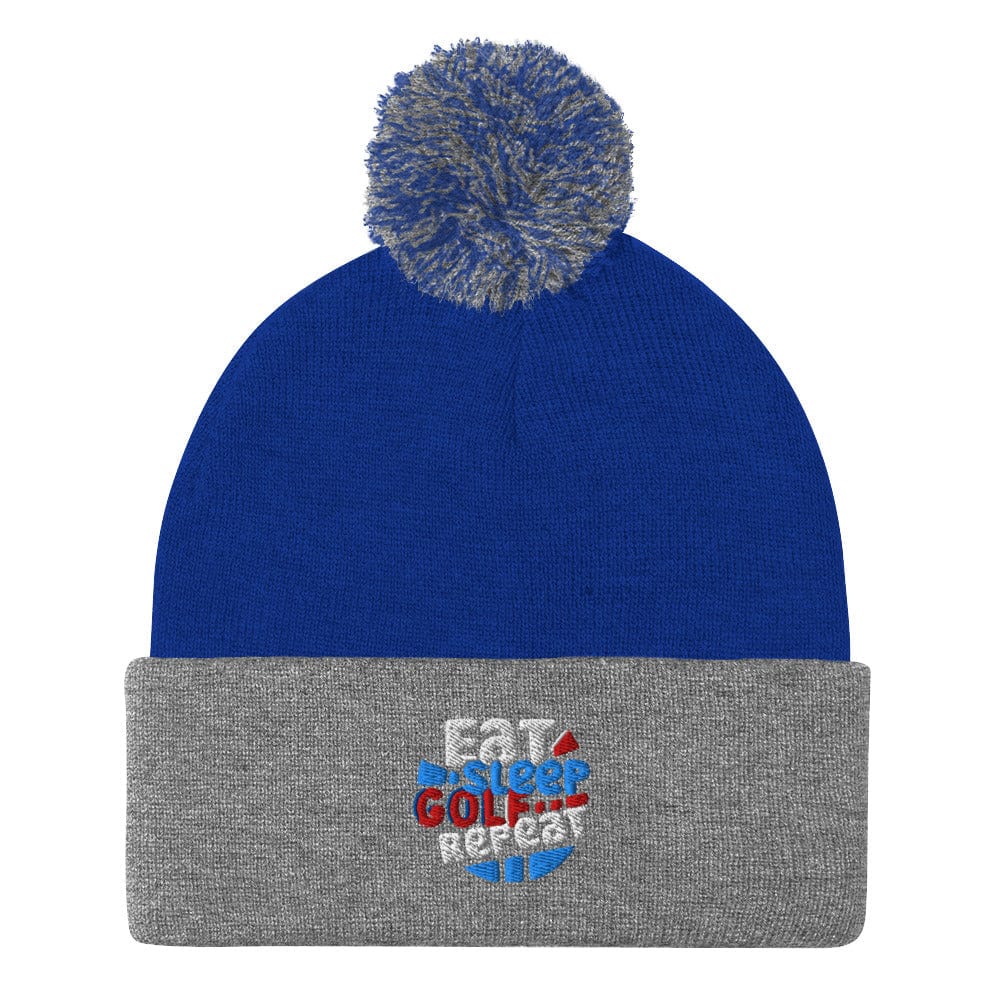 Eat Sleep Golf Repeat Fun Embroidered Golf Pom-Pom Beanie - Funny Golf Tee by Swing Epic